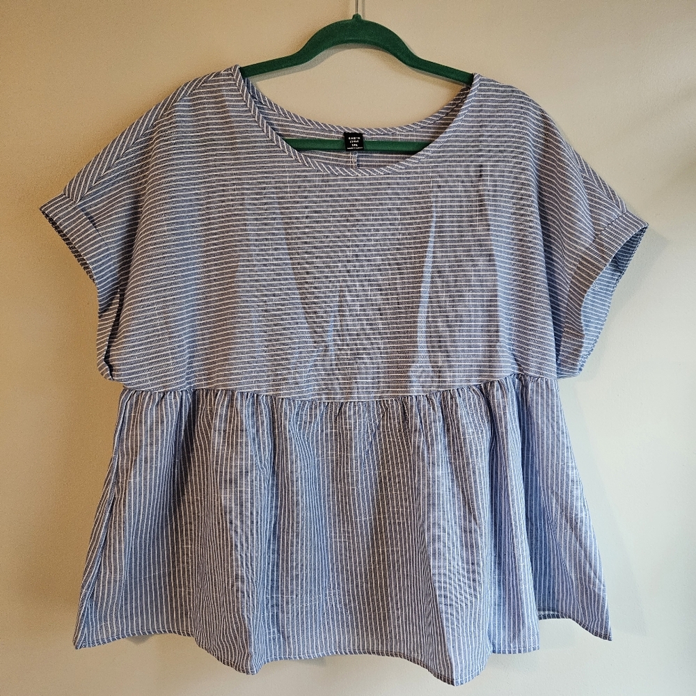 Shein Blue And White Striped Linen Peplum Top